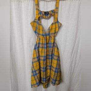 Cider Yellow Plaid Backless Sundress with Blue & Tan Accents
